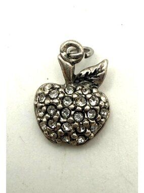 Vintage Apple Charm Pendant Rhinestone Silver Tone Fruit Charm Sparkly